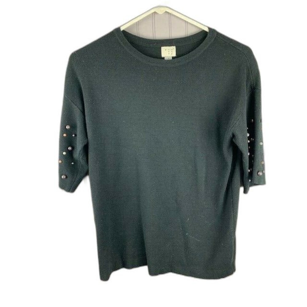 A New Day Size Small Womens Sweater Black 1/2 Sleeve Embellished Round Neck